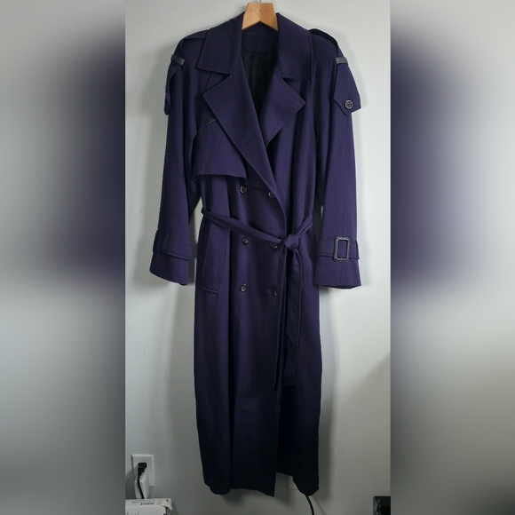 HOLLY’S Saxonia 100% Virgin Wool Long Trench Coat Purple Belted Vintage England - Picture 3 of 14